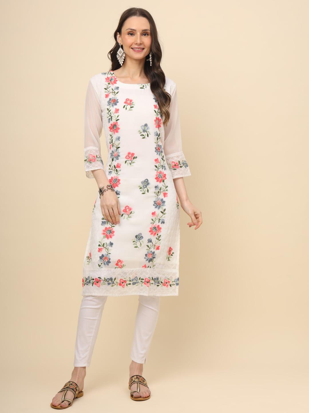 Ekasya Womens Georgette Straight Cut Round Neck Kurta with Beautiful Embroidery Work