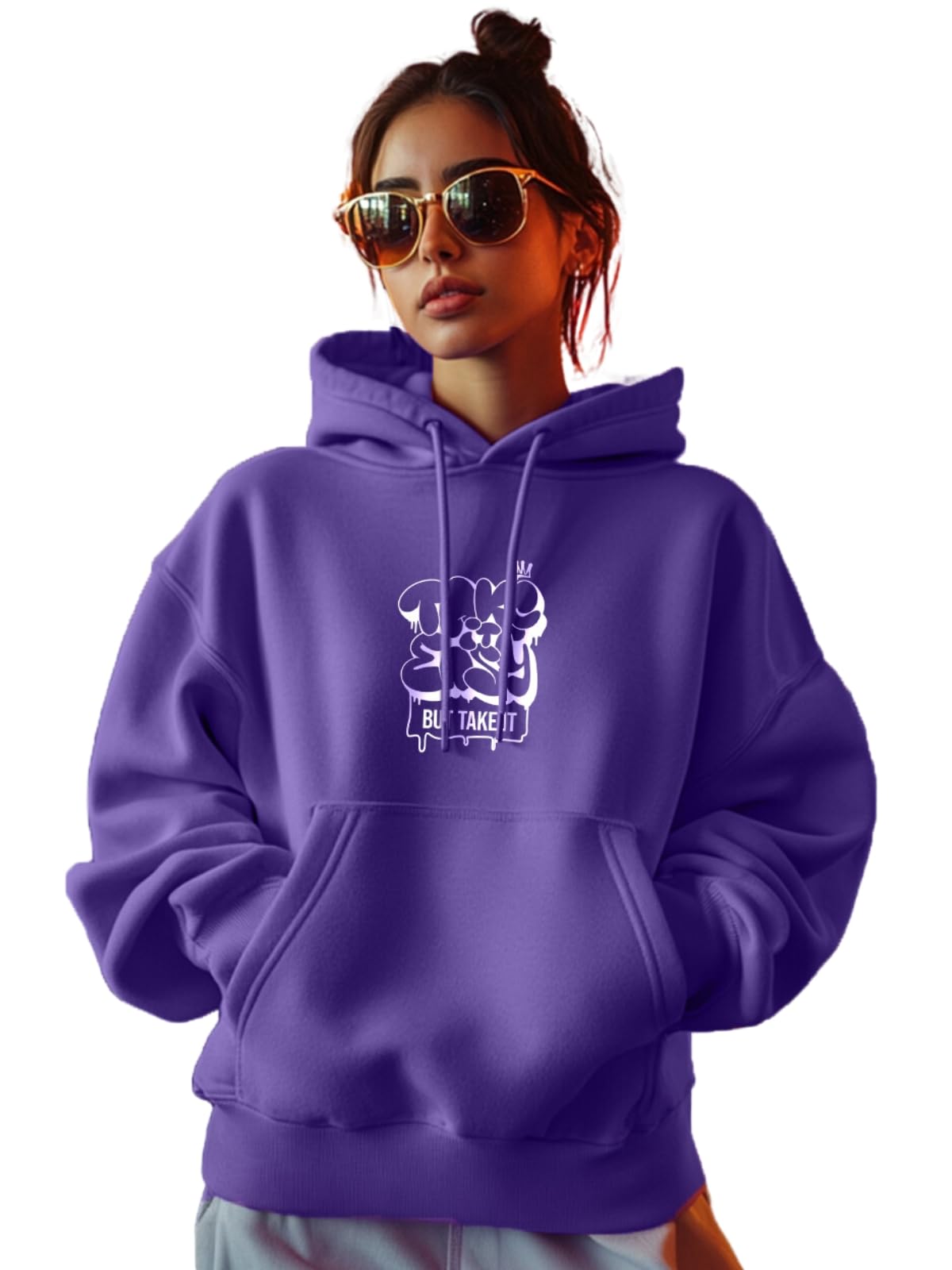 JUNEBERRY Cotton Polly Fleece Oversized Fit Purple Graphic Hoodie for Women (JHD0423PRPT31_M)