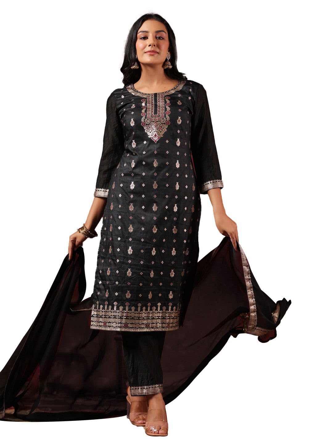 Ishin Women'S Poly Silk Ethnic Motifs Foil Print Black Straight Kurta Suit Set With Trousers & Dupatta