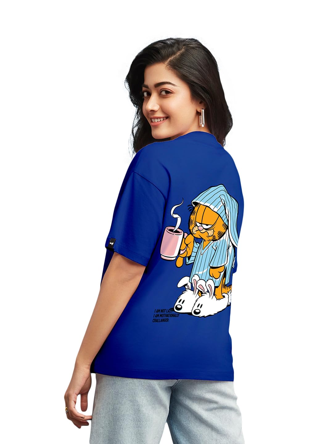 Bewakoof Women Cotton X Official Garfield Merchandise Lazy Garfield Graphic Printed T-Shirt - Oversized Fit, Round Neck, Half Sl
