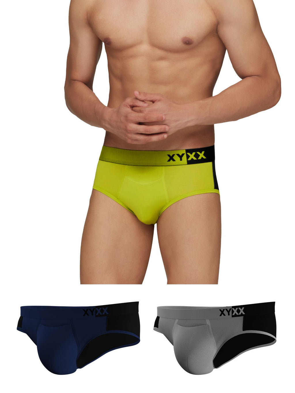 XYXX Mens Underwear Dualist IntelliSoft Antimicrobial Micro Modal Brief Pack of 3 (Steel Grey & Black;Black Iris & Black;Lime P