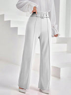 Shasmi Womens White Solid Color High Waisted Belted Toothpick Stripe Design Straight Loose Casual Women Pants, Minimalist Styli