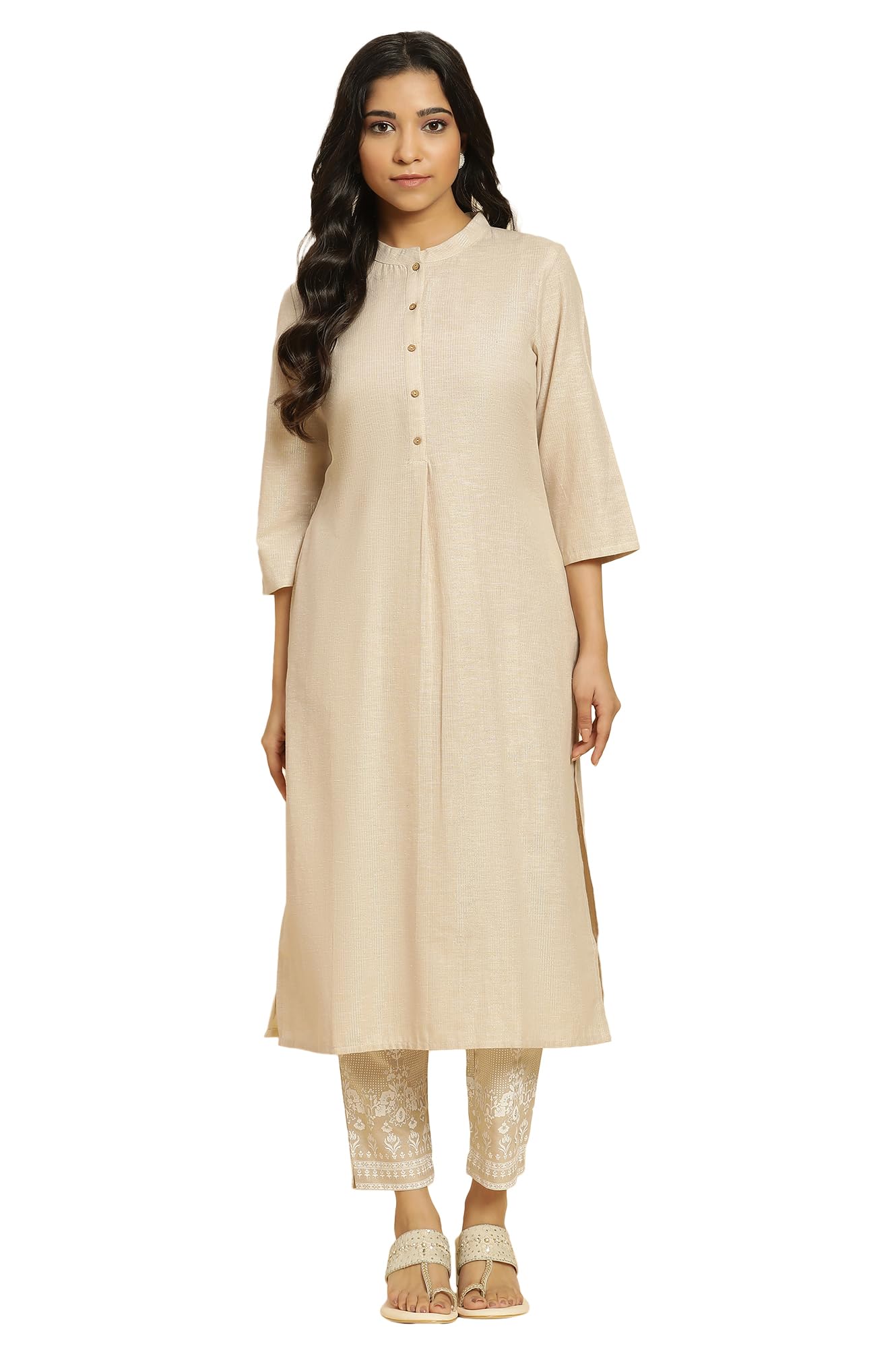 W For Woman Women'S Cotton Blend Striped Kurta With Pant(22Fews13355-311283_Beige