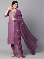 ANNI DESIGNER Womens Cotton Blend Embroidered Straight Kurta with Pant & Dupatta (Kasturi Purple-NW_XXL_Purple_XX-Large)