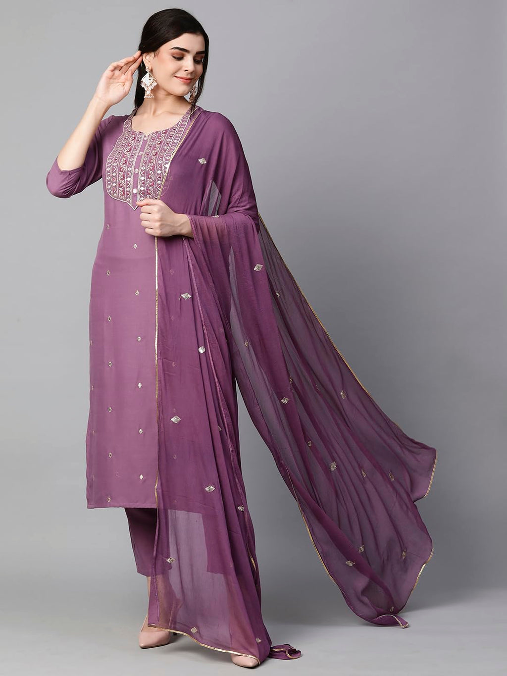 ANNI DESIGNER Womens Cotton Blend Embroidered Straight Kurta with Pant & Dupatta (Kasturi Purple-NW_M_Purple_Medium)
