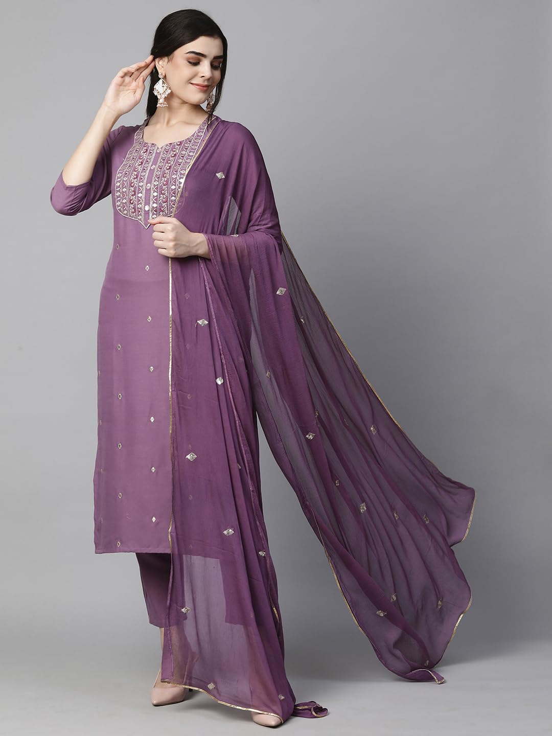ANNI DESIGNER Womens Cotton Blend Embroidered Straight Kurta with Pant & Dupatta (Kasturi Purple-NW_XL_Purple_X-Large)