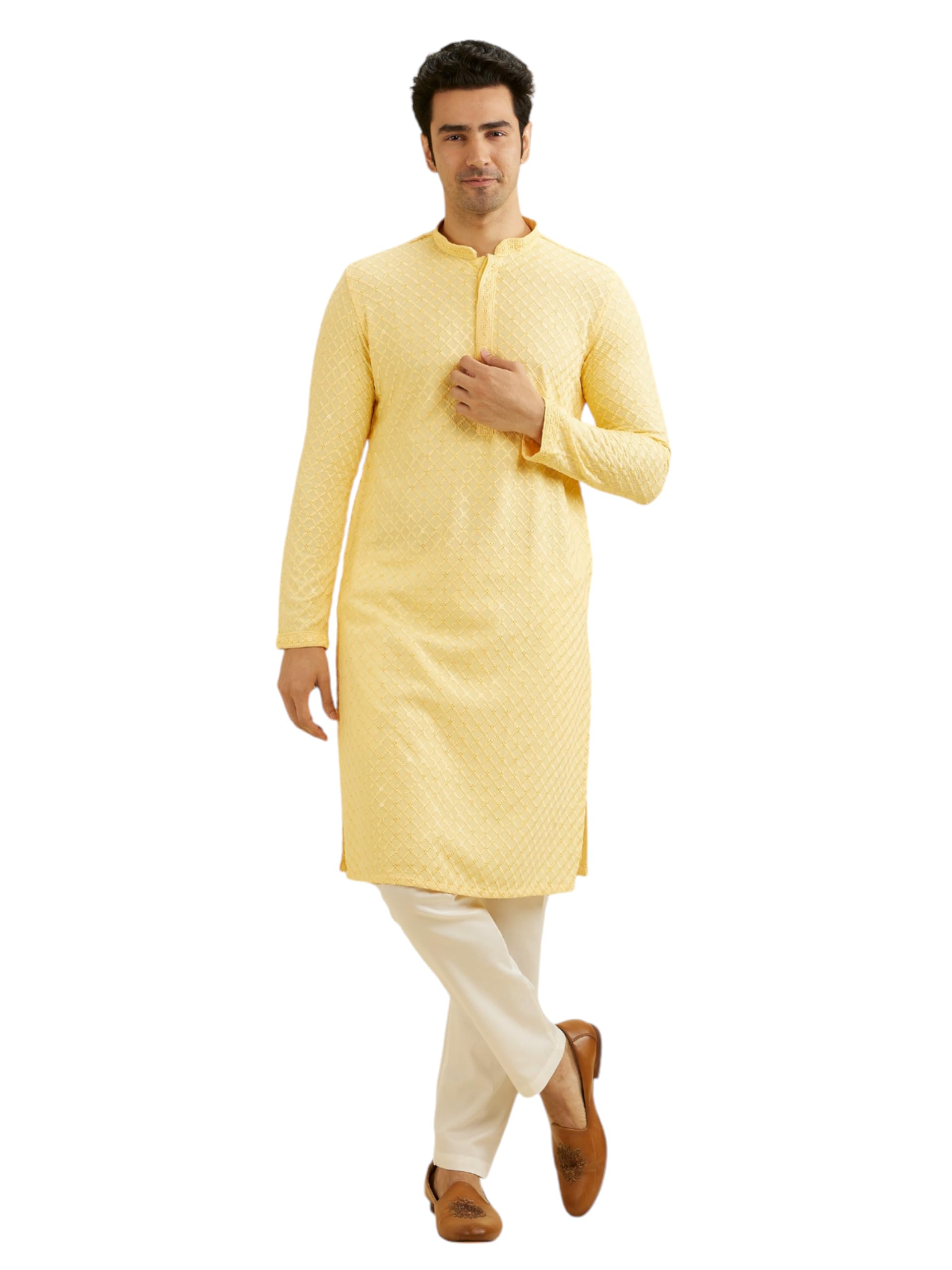 Manyavar MenS Viscose Chikankari | Sequined Kurta Set (Yellow,Xl)