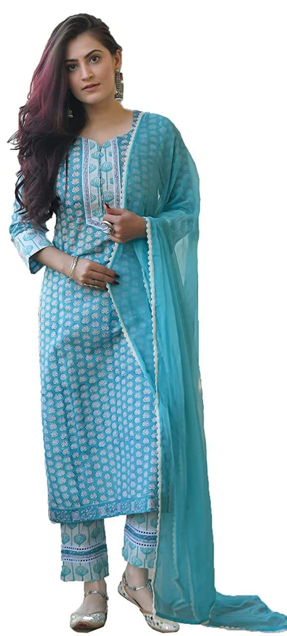 ANNI DESIGNER Womens Cotton Blend Printed Straight Kurta with Pant & Dupatta (Sky Bird-Blue_S_Blue_Small)