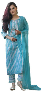 ANNI DESIGNER Womens Cotton Blend Printed Straight Kurta with Pant & Dupatta (Sky Bird-Blue_S_Blue_Small)