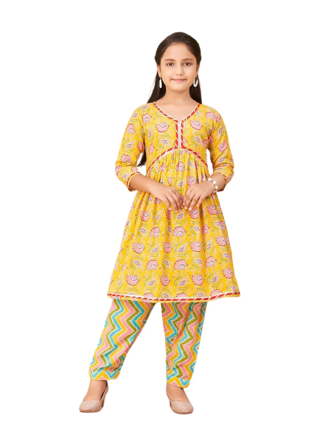 Aarika Girls Ethnic Wear Sea Green Colour Floral Print With Gota Lace Cotton Kurti Patiala Set (5-16 Years)