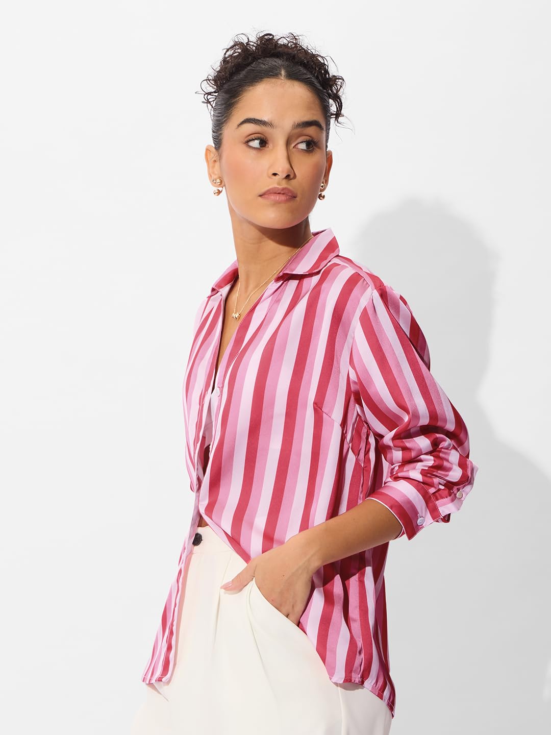 The Souled Store Satin Shirt : Rosebud Stripes Women & Girls Long Sleeve Collared Neck Button Down Regular Fit Cotton Shirts