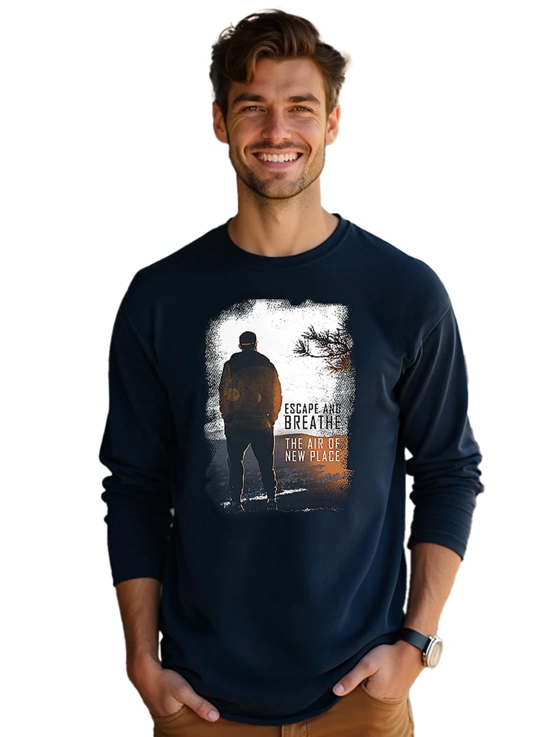 Bewakoof Mens Make Tracks Graphic Print Blue Polo Long Sleeve T-Shirt