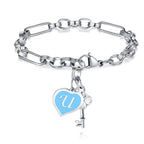 TONY & SANDY Women Heart Bracelet Engraved Initial Charm Bracelets for Girls Stainless Steel Silver Bracelet Handmade Link Chain