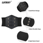 LEACOOLKEY Women Black Corset Waist Belt, Gold Rivet Corset Elastic Belt, Obi Belt for Women for Dress, Halloween Accessories