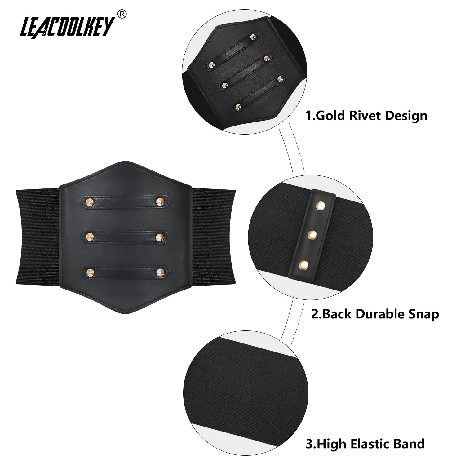 LEACOOLKEY Women Black Corset Waist Belt, Gold Rivet Corset Elastic Belt, Obi Belt for Women for Dress, Halloween Accessories