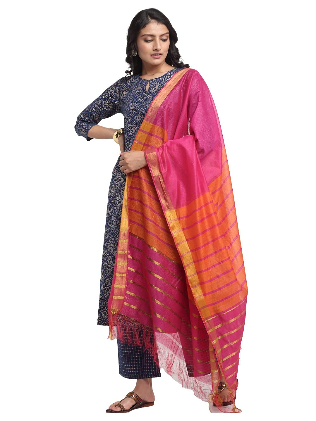 Gosriki Women'S Rayon Cotton Foil Printed Straight Kurta With Palazzo & Dupatta (Kshi)