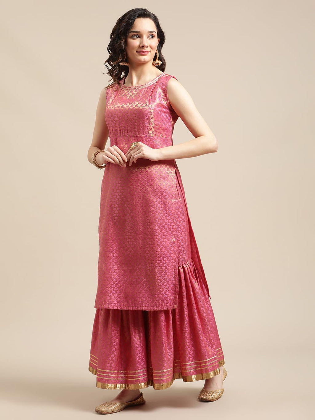 Varanga Women Pink And Gold Brocade Sleeveless Kurta Sharara Set With Sequins Ruffle Dupatta.