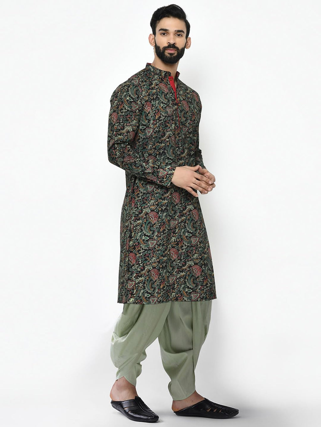 Kisah MenS Black Printed Cotton Kurta & Sage Green Dhoti Set  Ethnic Indian Wear For Weddings, Festivals & Everyday Comfort
