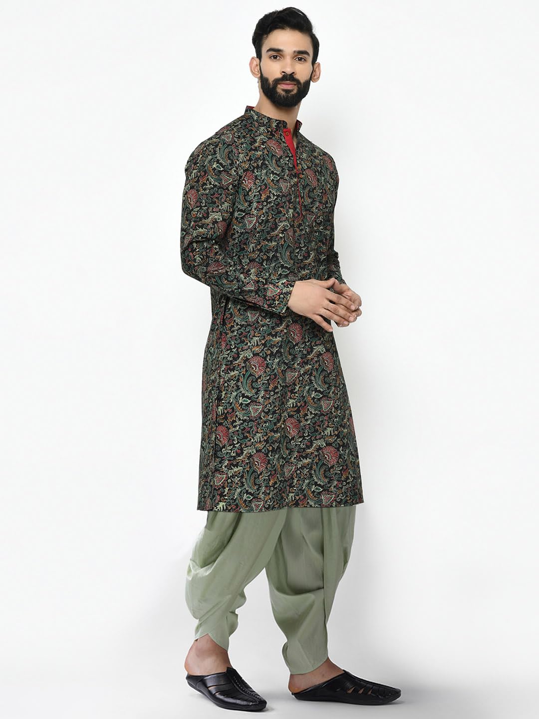Kisah MenS Black Printed Cotton Kurta & Sage Green Dhoti Set  Ethnic Indian Wear For Weddings, Festivals & Everyday Comfort