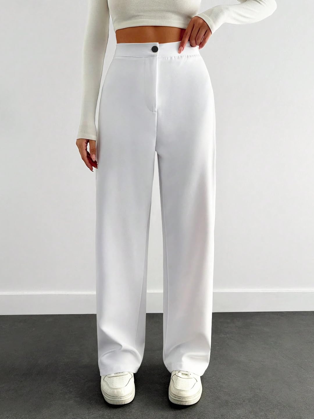 Toochki High Waist Trousers for Women  Korean Style Formal Pants | Elegant Workwear for Office, College & Events White