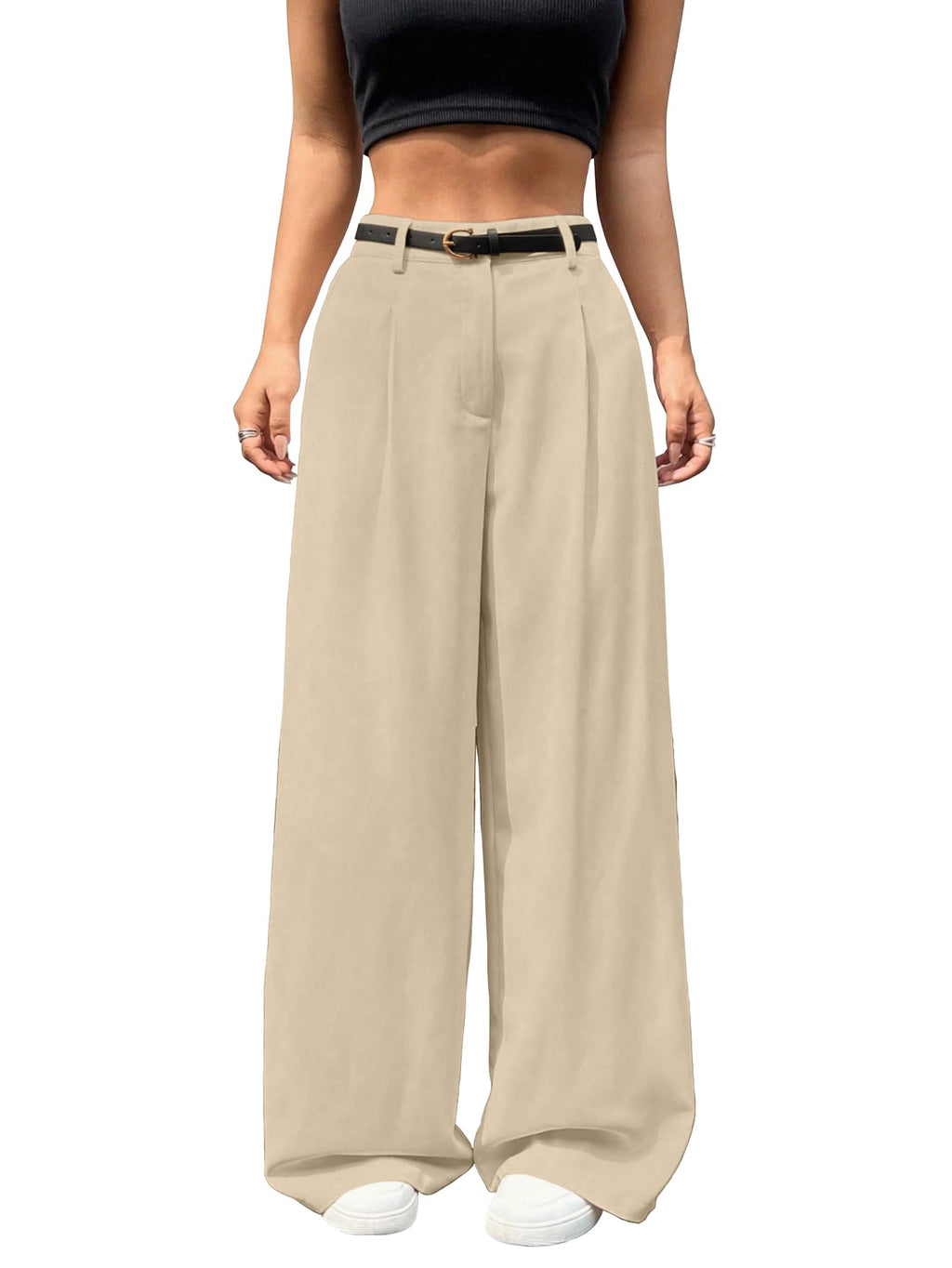 Shasmi Womens Skin Pleated High Waist Wide Leg Pants  Elegant Loose Fit Black Trousers with Pockets, Casual & Office Wear Straig