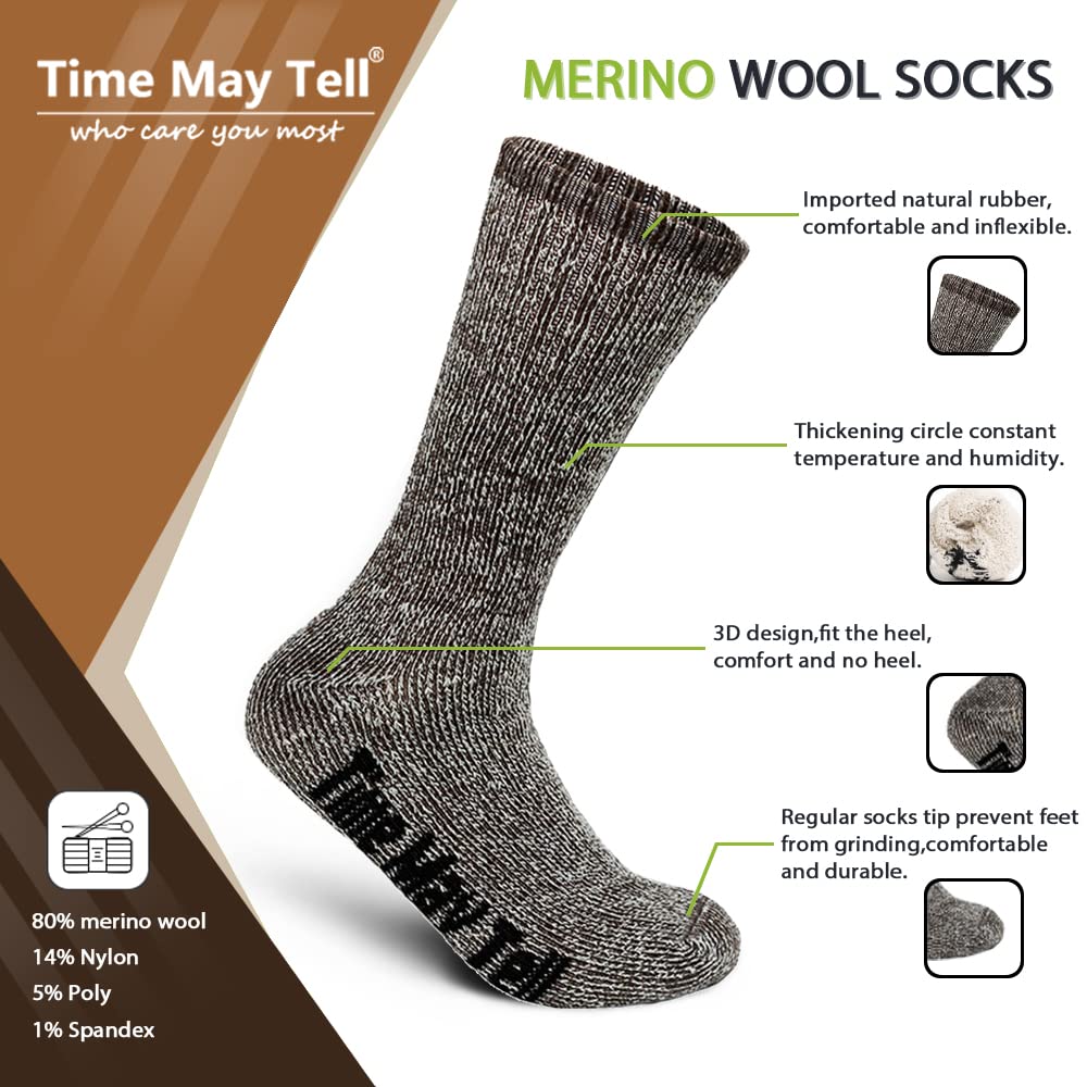 Time May Tell Mens Merino Wool Hiking Cushion Socks Thermal Warm Crew Winter Boot Socks Pack (2Brown,Light Grey,Dark Grey(4 pair