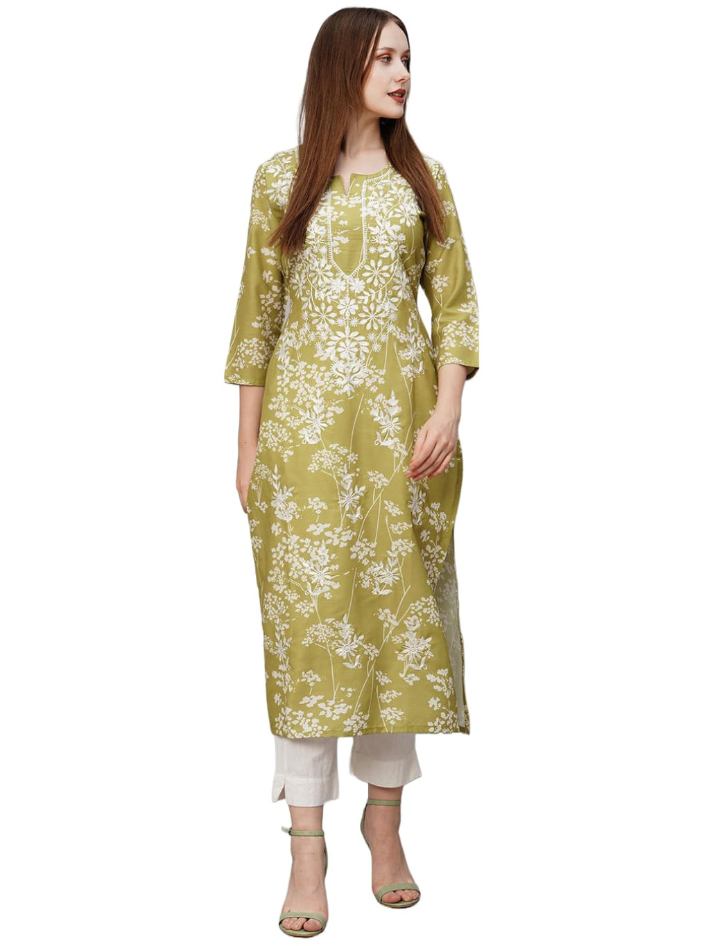 GoSriKi Womens Cotton Blend Chikankari EmbroideGreen Straight Kurta (Rutika-Mehandi-GS_5XL_Green_XXXXX-Large)