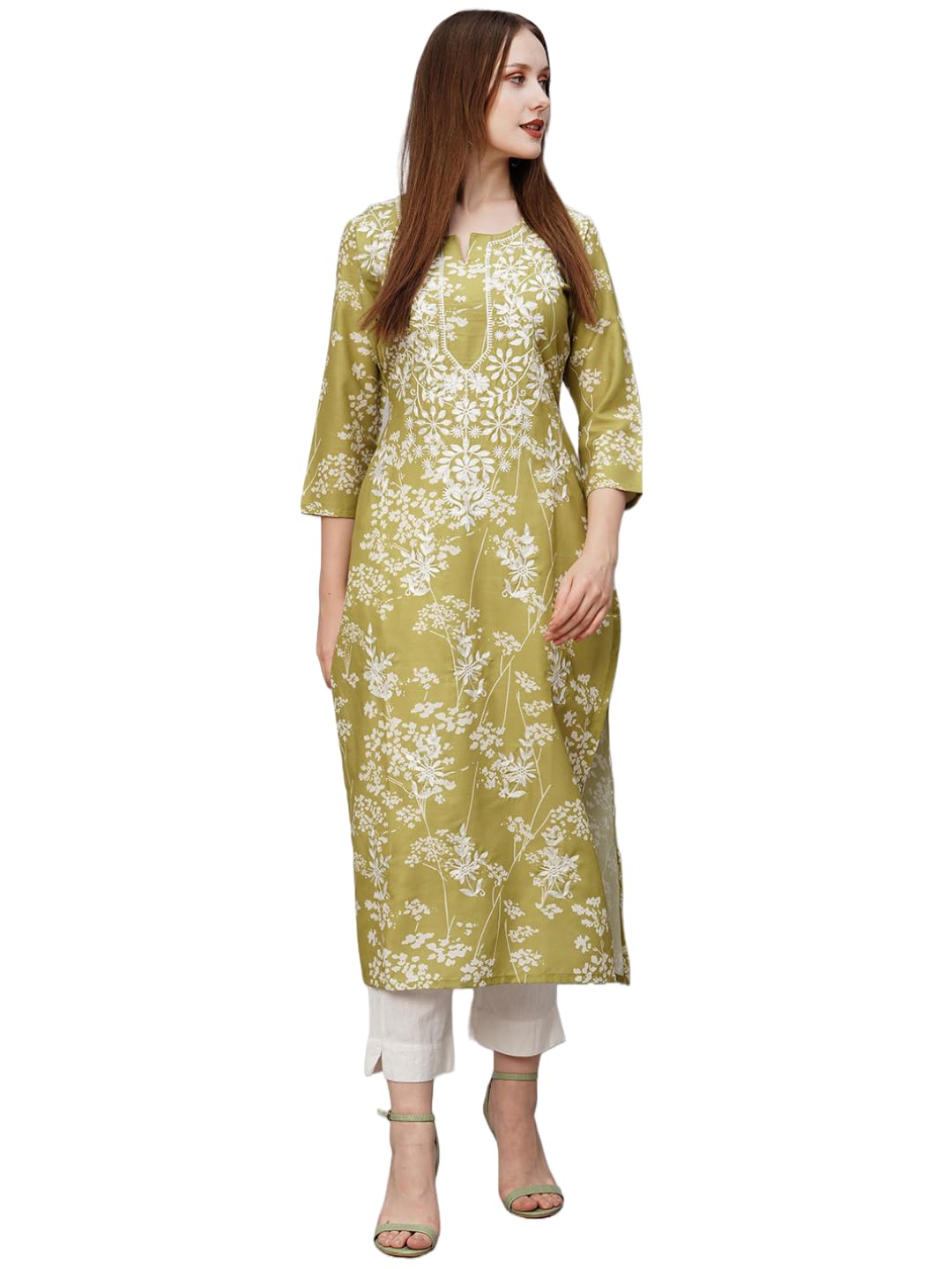 GoSriKi Womens Cotton Blend Chikankari EmbroideGreen Straight Kurta (Rutika-Mehandi-GS_5XL_Green_XXXXX-Large)