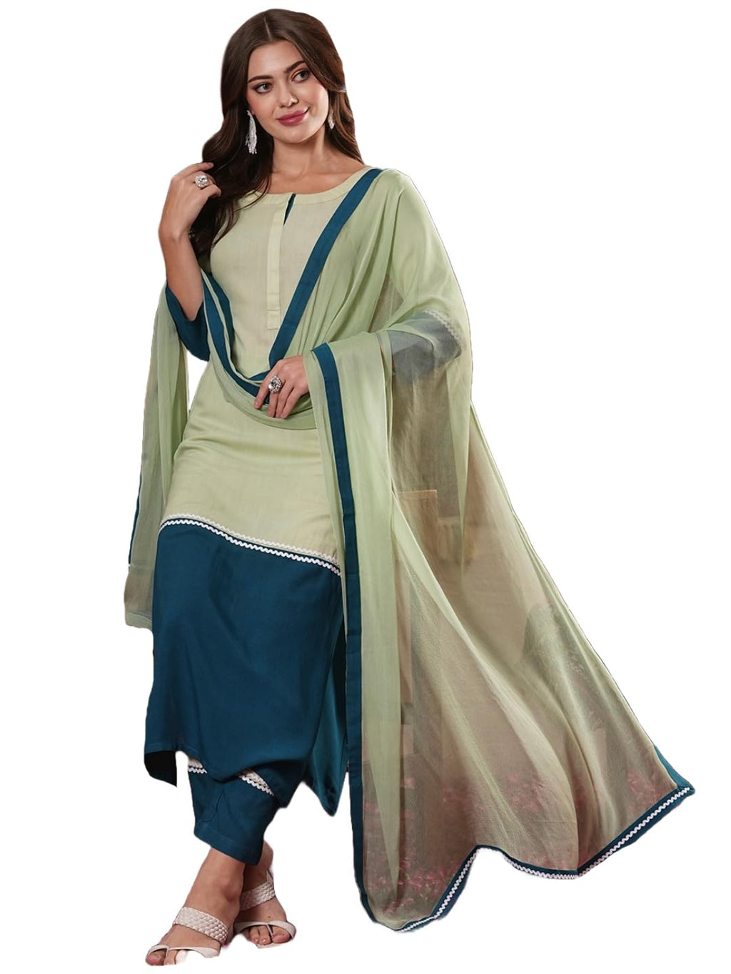 ANNI DESIGNER Ladies Plain Cotton Blend Straight Kurta with Trousers and Dupatta, green, XL