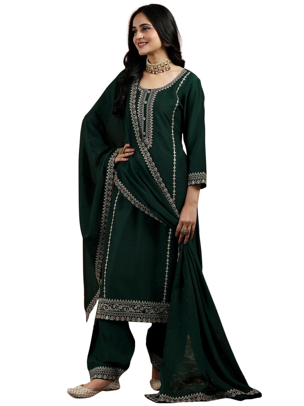 Libas Womens Embroidered Silk Blend Straight Kurta With Dhoti Pant And Dupatta