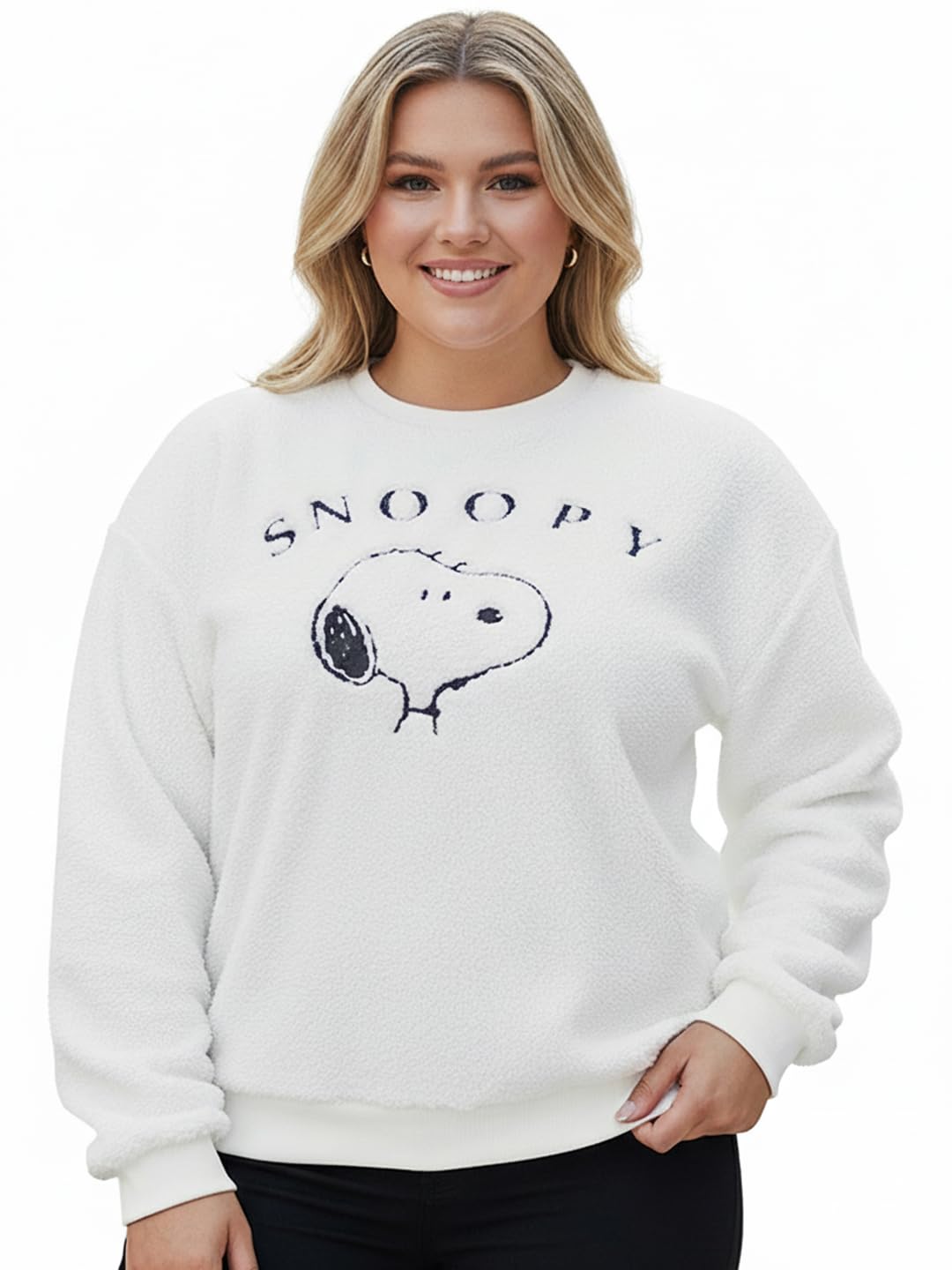 Bewakoof Official Peanuts Merchandise Snoopy WomenS Embroidered Oversized Fit Full Sleeve Round Neck Cotton Blend Plus Size Swea
