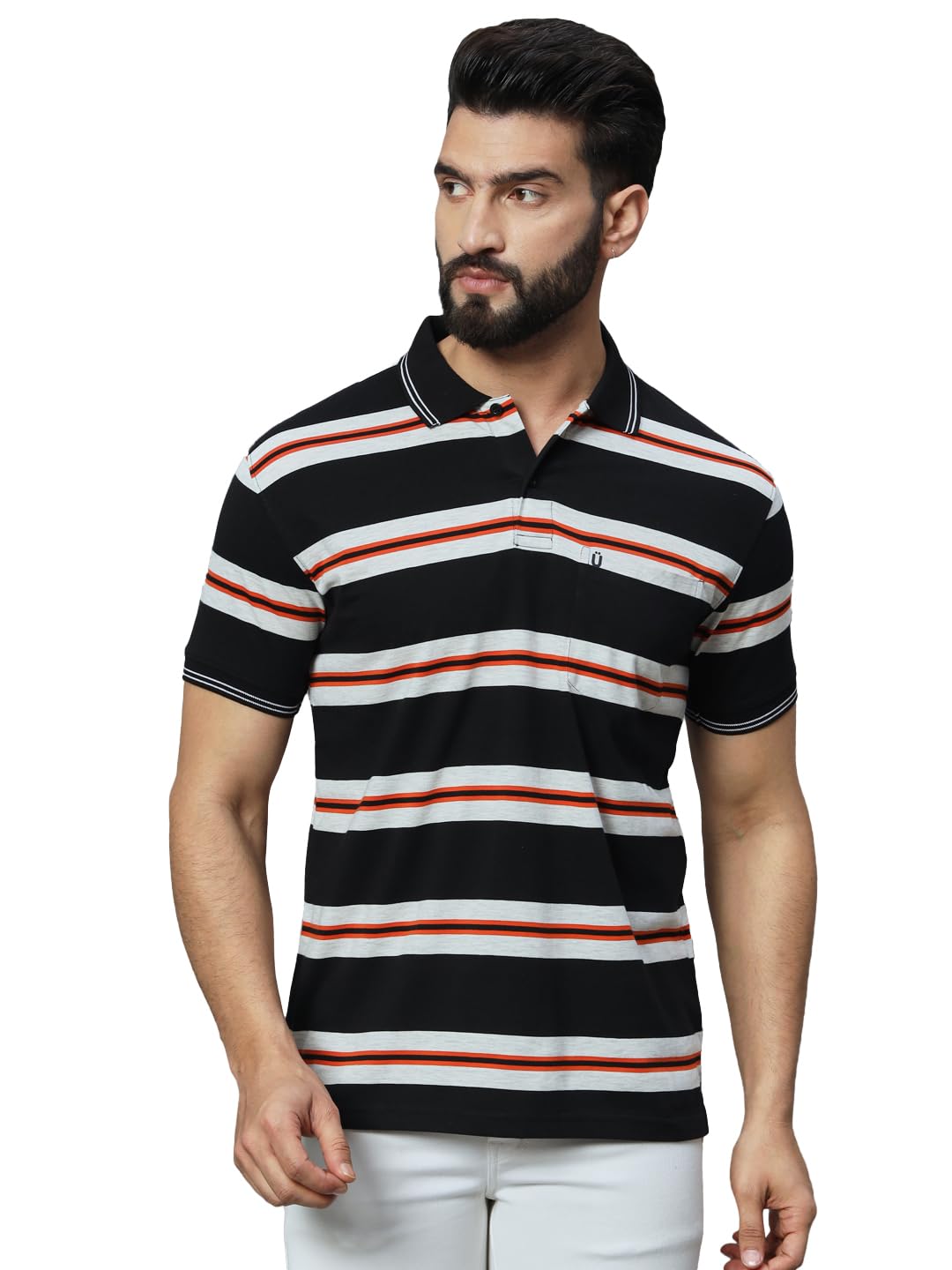 UNIBERRY Mens Cotton Blend Polo Collar Striper T Shirt Has A Short Sleeves & Pocket On ChestMT3NWR_4XL Navy White RED 4