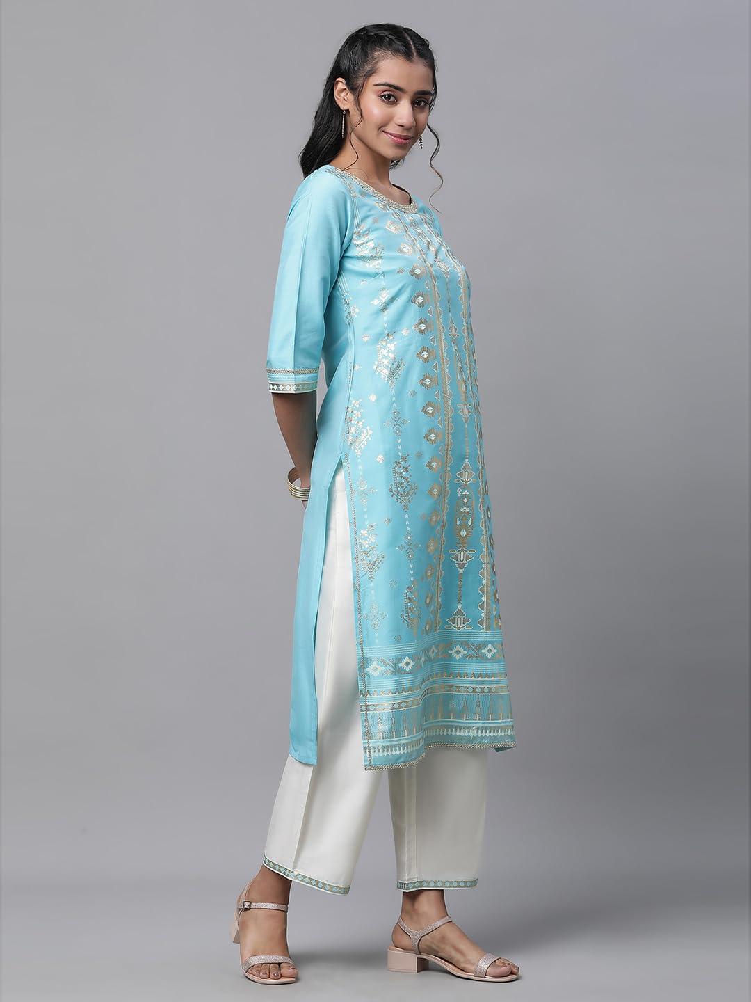 Aurelia Women Sea Jet Viscose Straight Kurta, Trousers, Dupatta Suit Set
