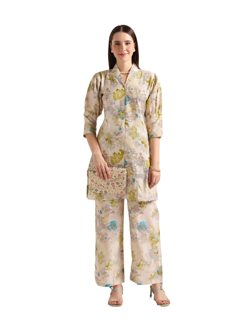 Leriya Fashion Soft Cotton Blend Floral Foil Print Puff Sleeve Shawl Collar Straight Kurta Pant Set for Women Causal Festival Of