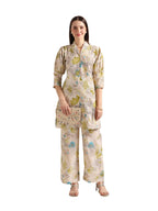 Leriya Fashion Soft Cotton Blend Floral Foil Print Puff Sleeve Shawl Collar Straight Kurta Pant Set for Women Causal Festival Of