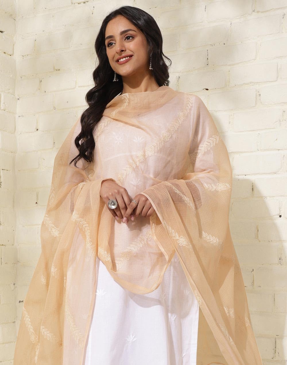 Fabindia Beige Cotton Silk Embroidery Chikankari Dupatta (2.5m x 92cm) (FS)