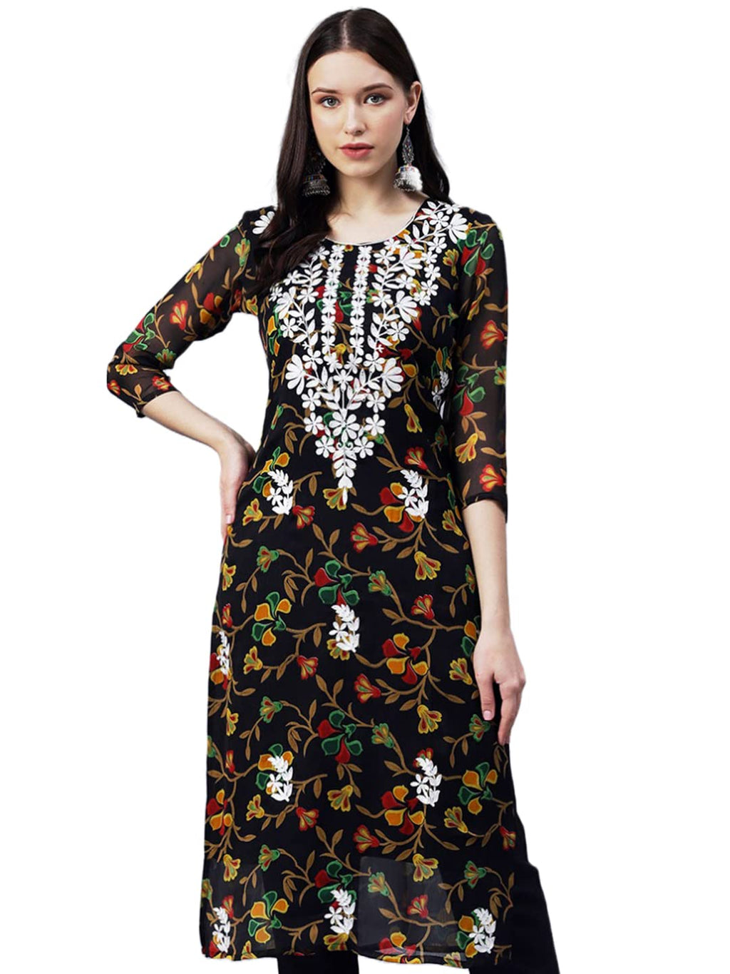 GoSriKi Womens Printed Georgette Chikankari Embroidered Kurti (Gori-Black-GS_S_Black_Small)
