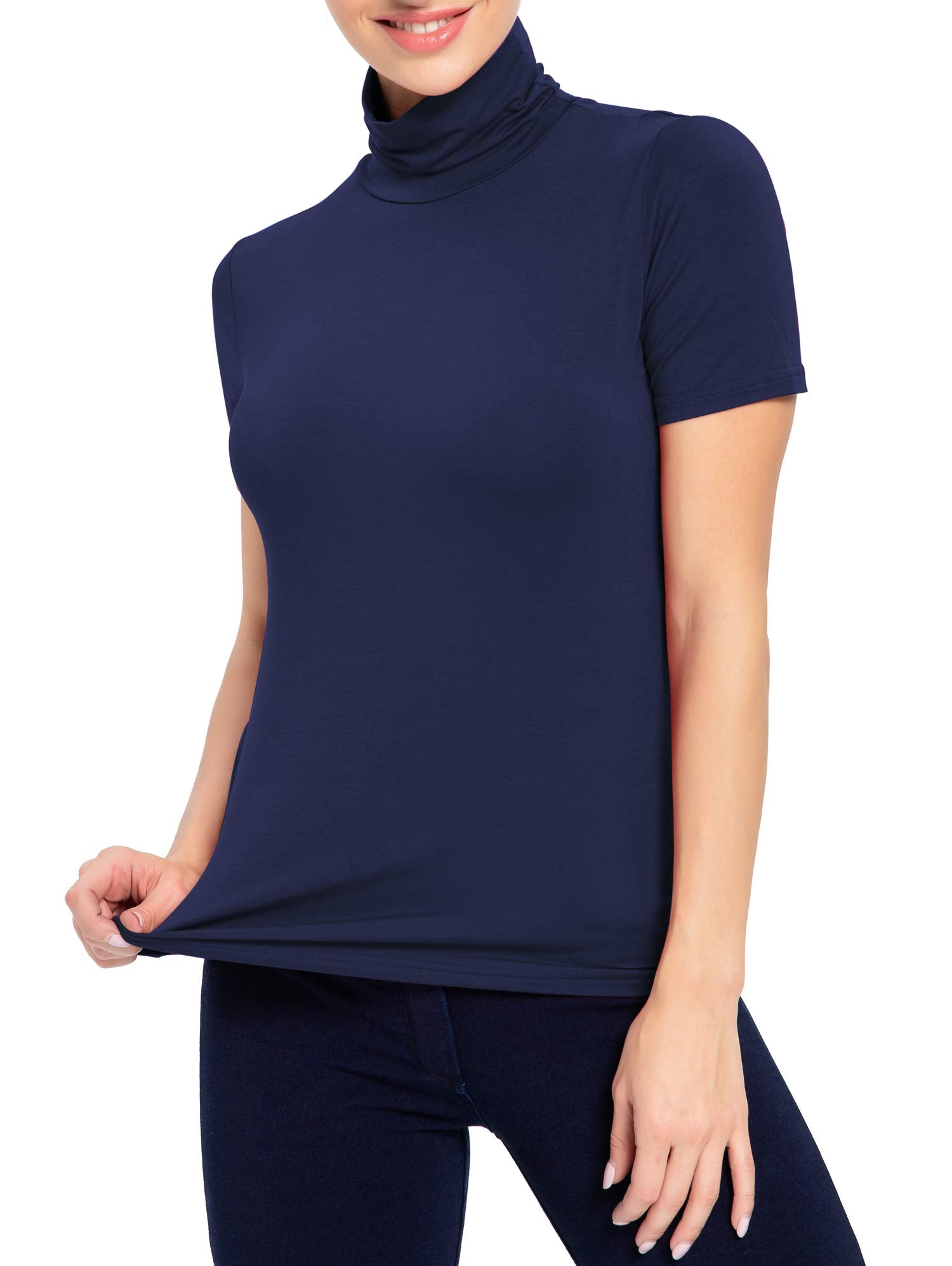 AUHEGN Women's Mock Turtleneck Top Short Sleeve Lightweight Active T-Shirt (S-XXL) (Medium, Navy Blue)