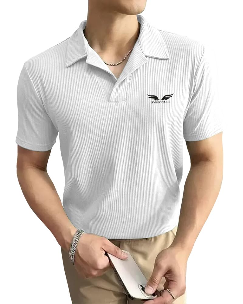Eyebogler Men Collar Neck Solid Half Sleeve Regular Fit T-Shirt White