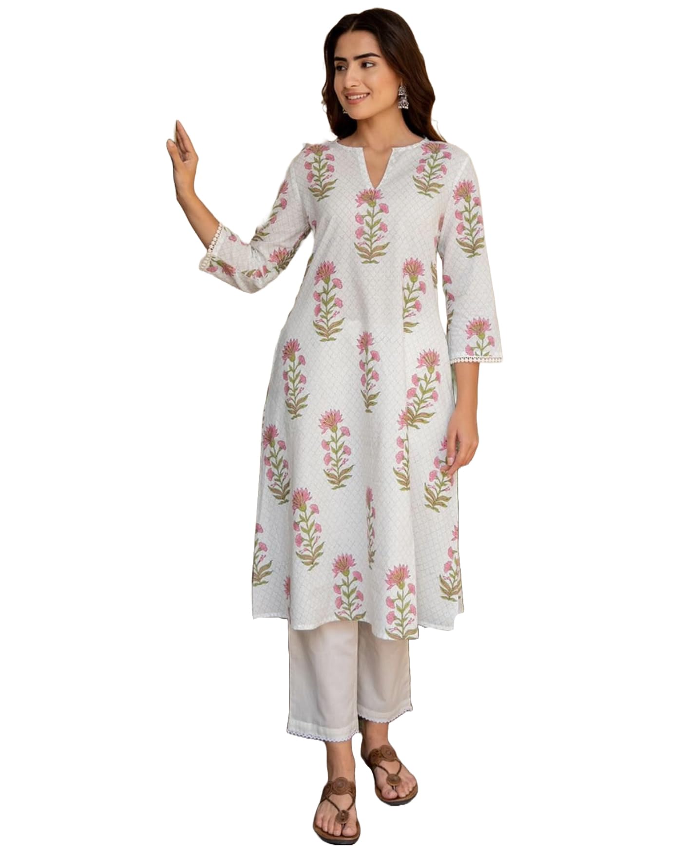 ANNI DESIGNER Womens Rayon Viscose Anarkali Printed Kurta with Pant (Dilam White_L_White_Large)
