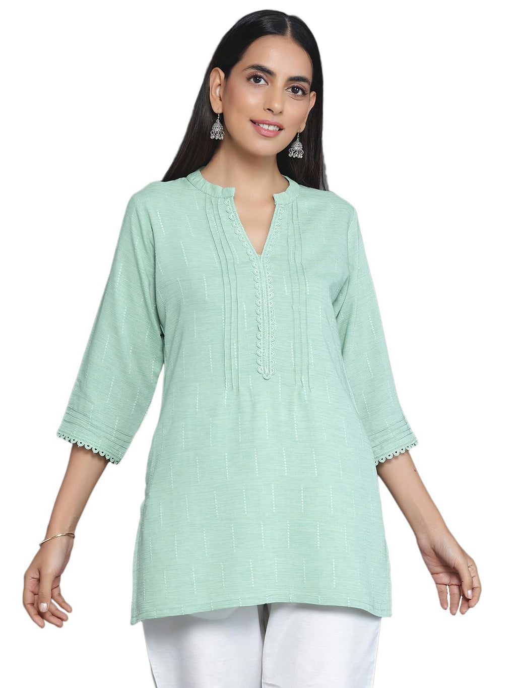 Libas Womens Woven Design Cotton Blend Straight Kurti For Women Green