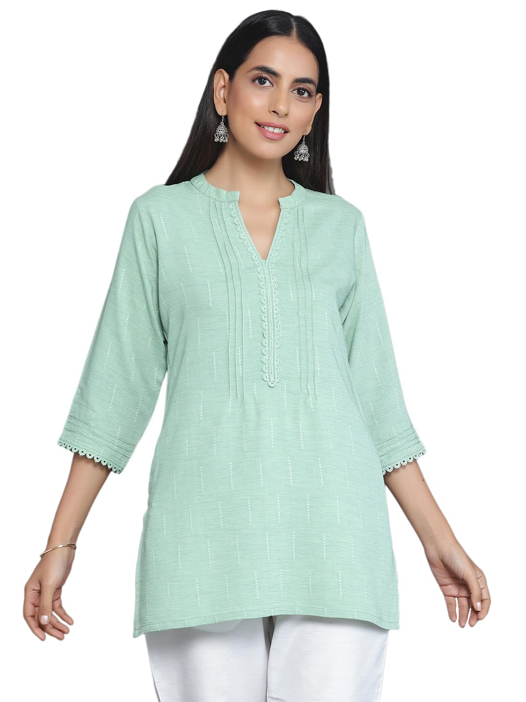Libas Womens Woven Design Cotton Blend Straight Kurti For Women Green
