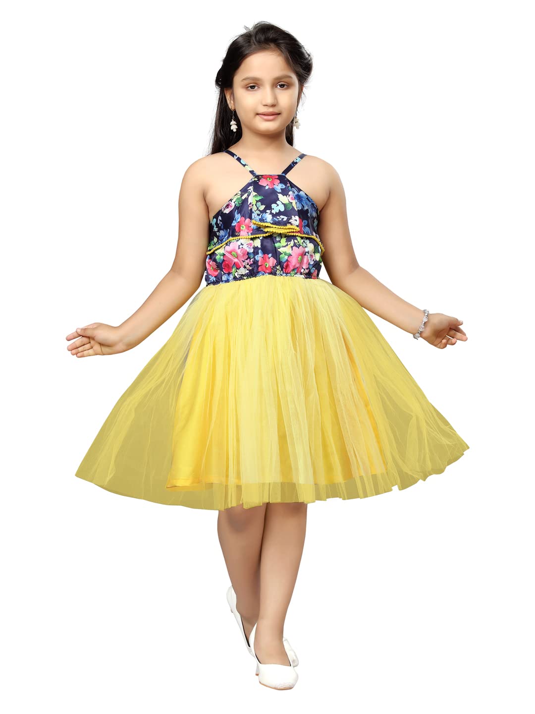 Aarika GirlS Nylon Skater Knee-Length Dress (Md-22133_Yellow_24)