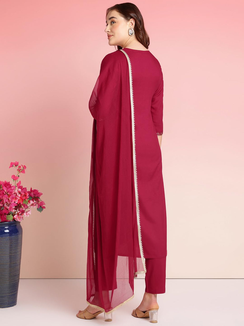 ANNI DESIGNER Womens Rayon Blend Embroidered Straight Kurta with Pant & Dupatta (RAMDHANI Maroon_M_Maroon_Medium)