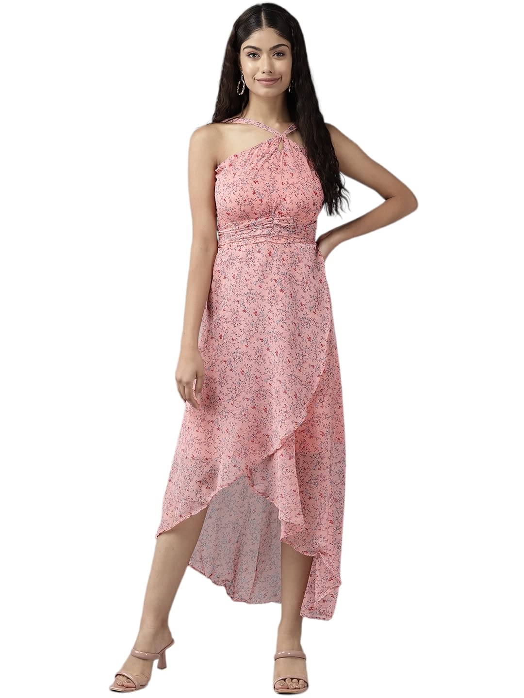 Aarika Womens Peach Color Floral Georgette Dress (DR-AW-037-PEACH-XXL)