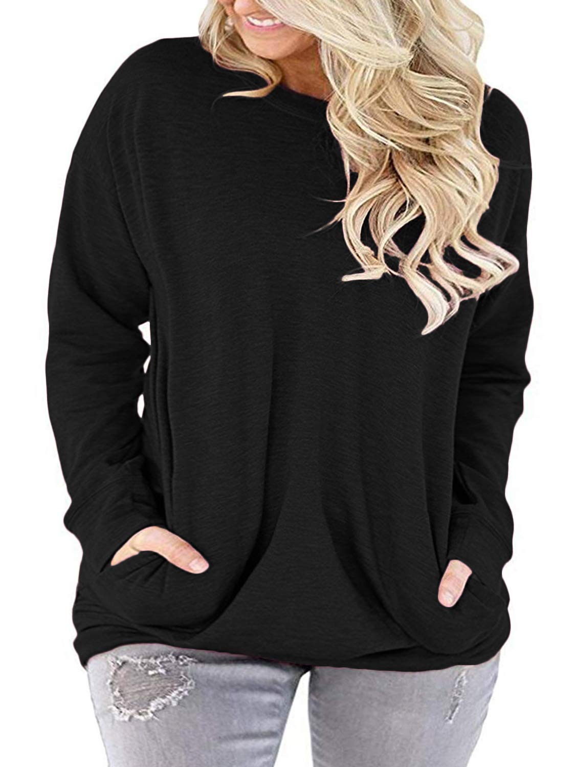 Womens Plus Size Solid Color Tops Casual Round Neck T-Shirt Blouse Shirts Black 20W