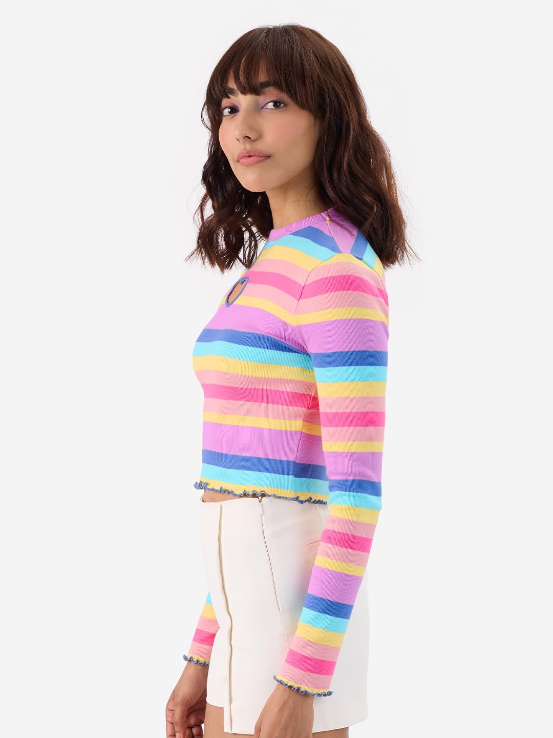 The Souled Store Rainbow Cut-Out Ribbed Top Women and Girls Round Neck Full Sleeves Cotton Blend Slim Fit Tops