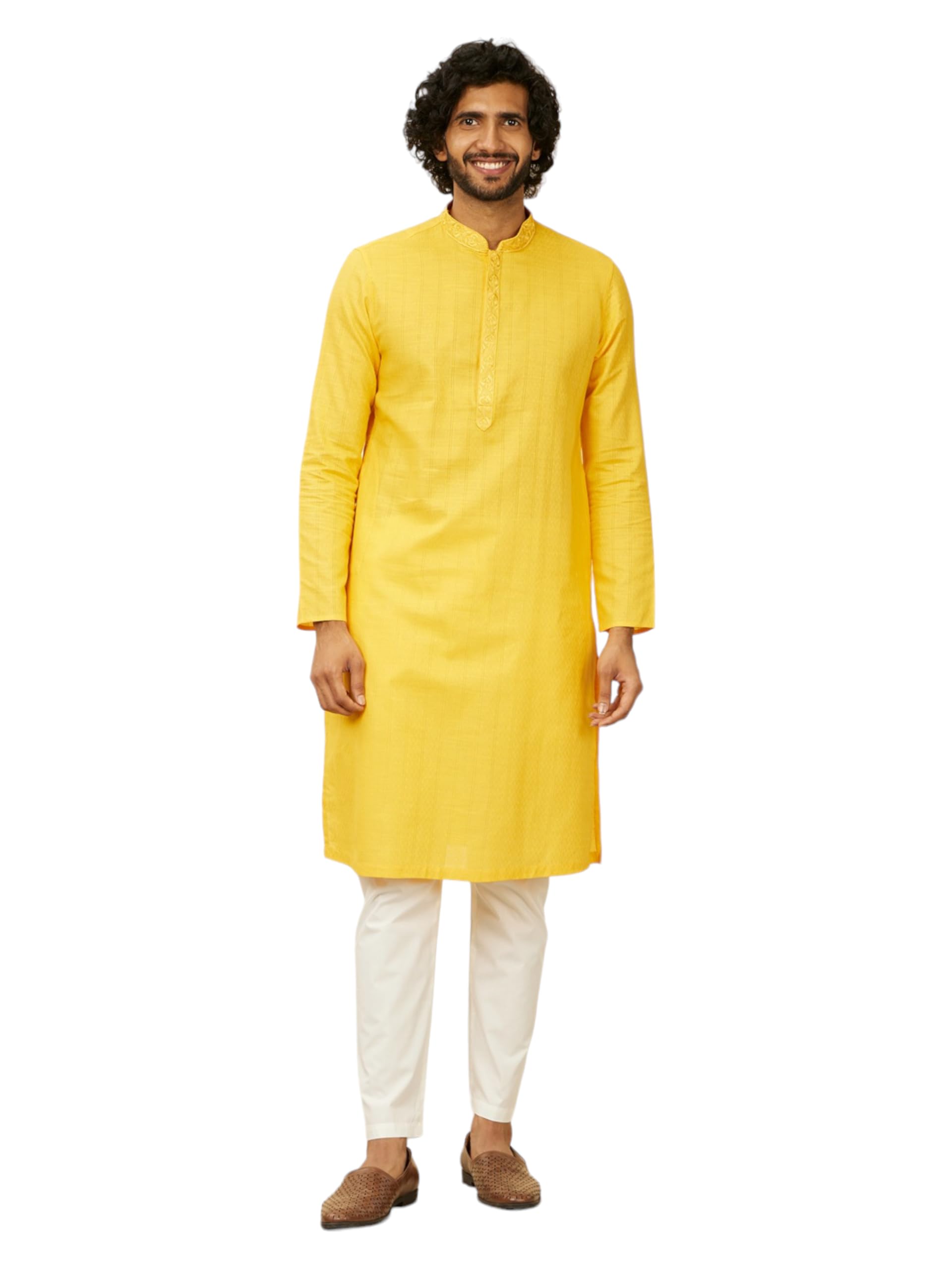 Manyavar Mustard Cotton Embroidery|Jacquard Kurta Pyjama Set For Men