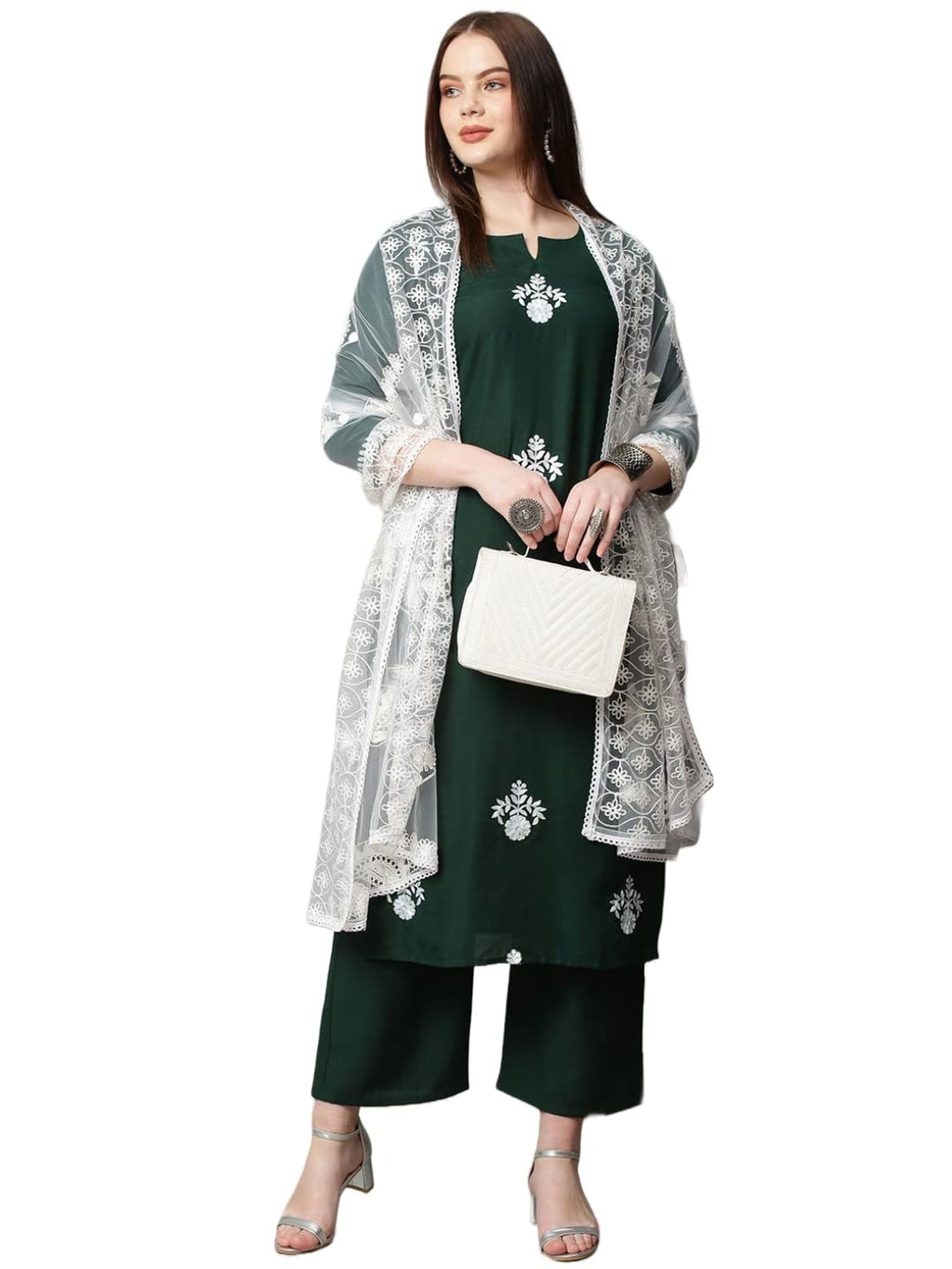Gosriki Women'S Cotton Blend Kurta With Palazzo & Dupatta (Coin-Go_Green_X-Large)