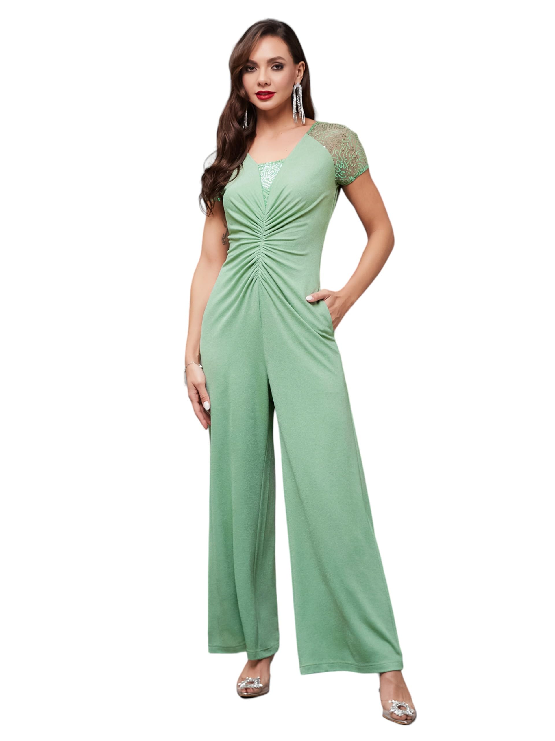 Miss Chase WomenS Square Neck Sheer Sleeves Embellished Jumpsuit With Pockets (Mcss24D97-03-79-03, Mint, S)